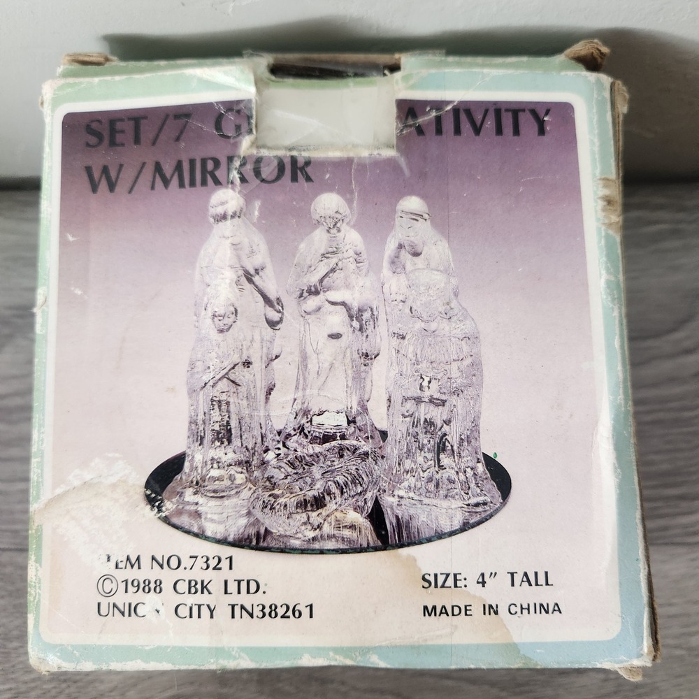 Vintage Clear 7 Pcs Glass Religious Nativity Scene Christmas Holiday 80's Mirror